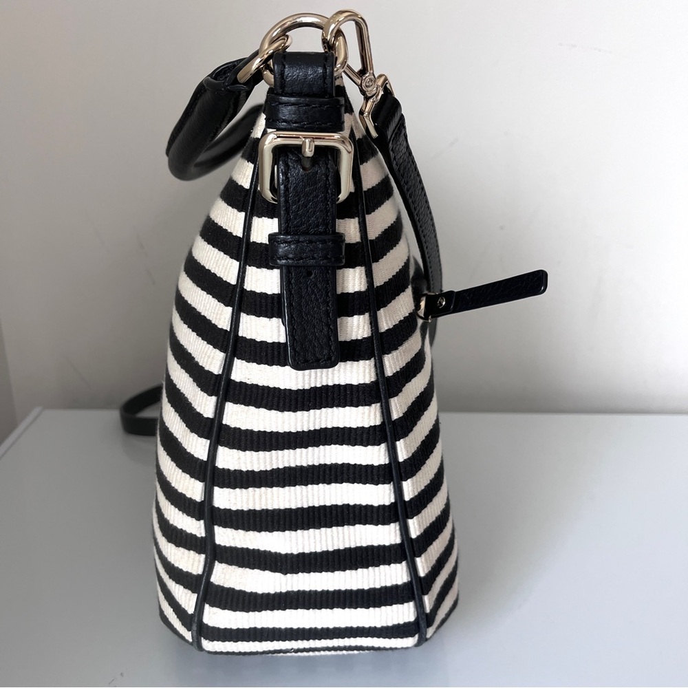 Kate Spade Black White Striped Crossbody Bag Canvas Leather Trim Convertible - Picture 6 of 16
